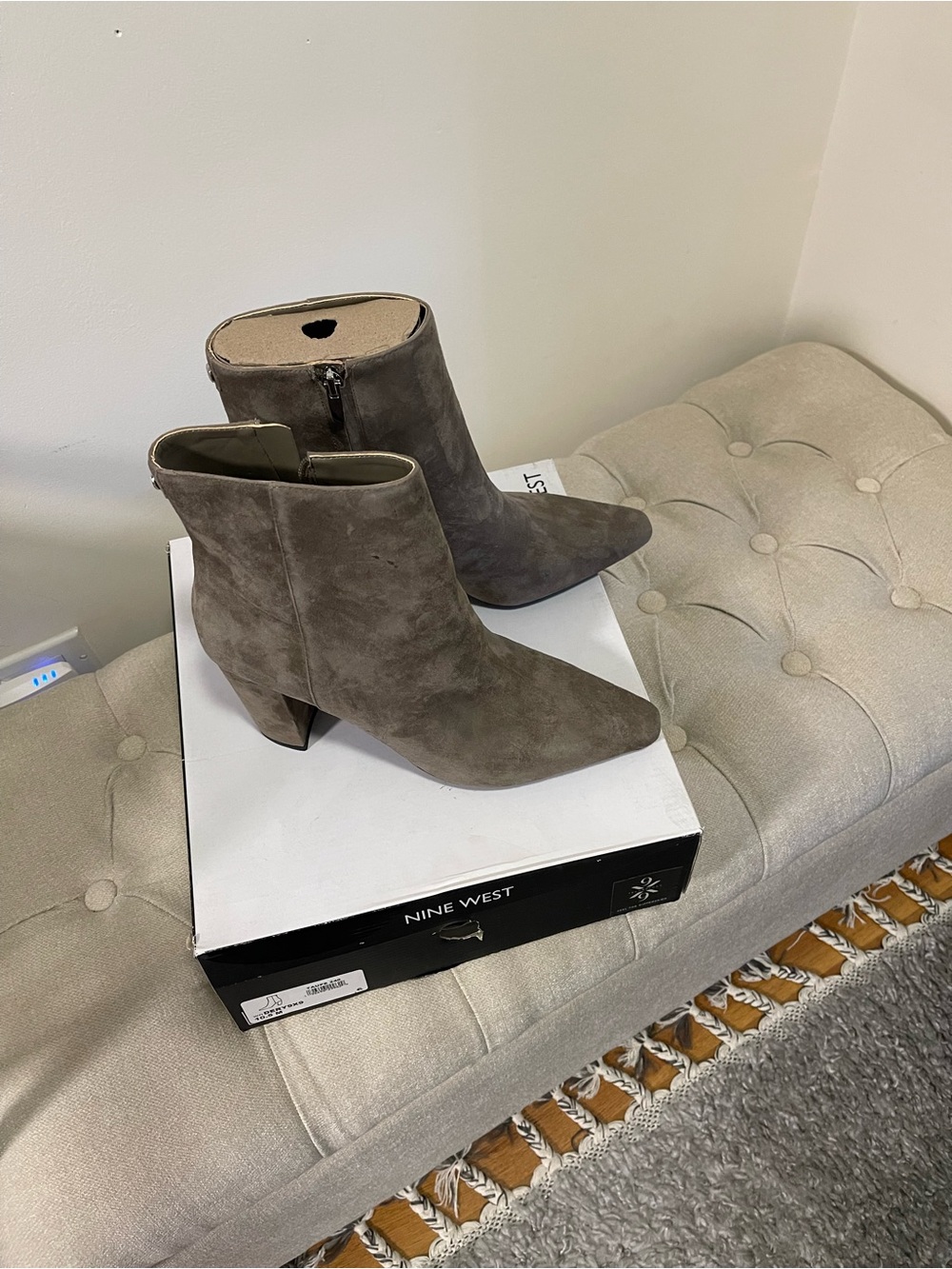 Nine West Taupe Suede Pointed Ankle Booties with Block Heel